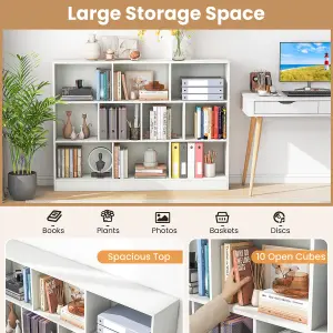 COSTWAY 10-Cube Bookshelf 140CM Wood Display Shelf 3-Tier Storage Organizer