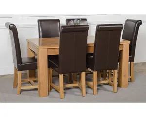 Dakota 152 x 87 cm Chunky Medium Oak Dining Table and 6 Chairs Dining Set with Washington Brown Leather Chairs