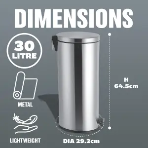 30L Metal Chrome Pedal Bin Kitchen Toilet Rubbish Hygienic Home Paper Dustbin Boxed (30L)