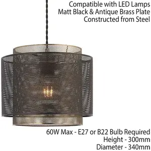 Hanging Ceiling Pendant Light 340mm Matt Black & Antique Brass Metal Mesh Shade