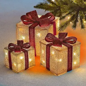 Christmas Parcel LED Light Up Set with Bow - With 35 White LEDs Lights - Sparkling Parcel To Use Under A Christmas Tree Fireplace