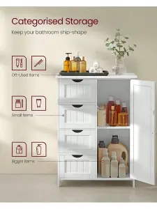 VASAGLE Bathroom Floor Storage Cabinet, Bathroom Storage Unit With 4 Drawers, Bathroom Cabinet Freestanding, With 1 Door