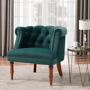 Dark Green Velvet Upholstered Buttoned Accent Tub Chair with Wooden Legs