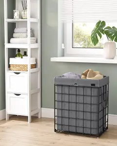 SONGMICS Laundry Bin, Foldable Clothes Basket, Washing Hamper, Detachable Liner, Wire Frame, for Bath or Bedroom, Black and Grey