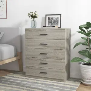 URBNLIVING Height 90cm 5 Drawer Wooden Bedroom Chest Cabinet Modern Ash Grey Carcass and Ash Grey Drawers Wide Storage Cupboard