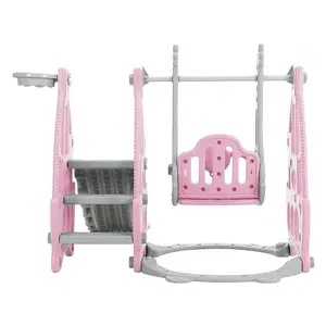 3 in 1 Pink and Grey Slide and Swing Set Play Set with Basketball Hoop W 1330 x D 1530 x H 1030 mm