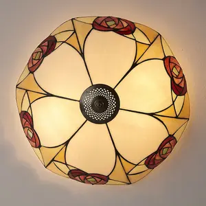 Tiffany Glass Flush Ceiling Light - Mackintosh Style Rose - Dark Bronze Finish