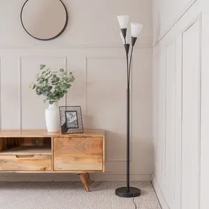 ValueLights Kristina Black 3 Arm Floor Lamp with White Frosted Glass Shades