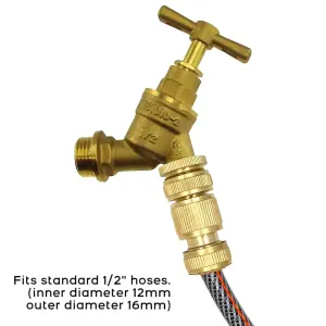 Outdoor Garden Tap with Hose Pipe Quick Connector, Solid Brass Set, 1/2" BSPM Inlet BIB Water Tap and Matching 1/2" Hose Connector