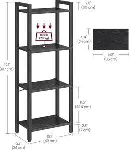 VASAGLE Bookshelf, 4-Tier Shelving Unit, Storage Rack for Home Office, Study, Living Room, Bedroom, Ebony Black and Ink Black