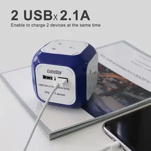 EXTRASTAR Rubik Power Cube 4 Ways Sockets 2 x USB 5V 1.5m Navy Blue 13A extension lead