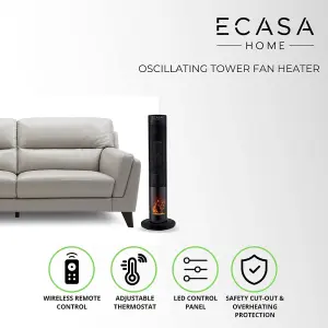 ECASA Oscillating Tower Fan Heater  2000W  LED Flame Effect & Digital Control Remote Built-in Thermostat Plug Black