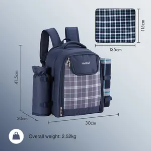 VonShef 4 Person Navy Tartan Picnic Backpack Hamper with Cooler Compartment, Includes Tableware & Fleece Picnic Blanket