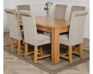 Dakota 152 x 87 cm Chunky Medium Oak Dining Table and 6 Chairs Dining Set with Washington Grey Fabric Chairs