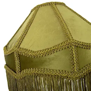 Traditional Victorian Empire Lamp Shade in Olive Green Velvet with Long Tassels