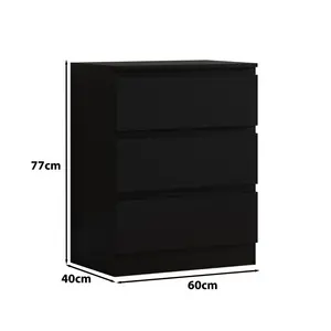 Carlton 3 Drawer Chest Of Drawers: 60cm Wide. Matt Finish. Scratch Resistant. Handleless Design. 14cm Deep Drawers Matte Black