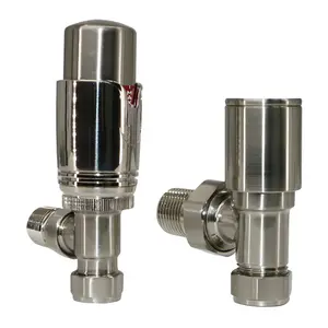 Thermostatic TRV Radiator Heated Towel Rail Valves Angled 15Mm X 1/2" Pair Satin Nickel