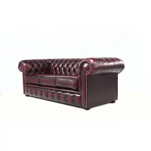 Chesterfield 3 Seater Antique Oxblood Red Real Leather Tufted Buttoned Sofa In Classic Style