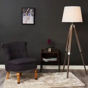 ValueLights Clipper Distressed Wood and Silver Chrome Tripod Floor Lamp with White Tapered Light Shade with 6w LED GLS Bulb