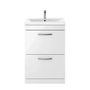 Dezine Serene 600mm Gloss White Floor Standing 2 Drawer Vanity Unit, with Basin