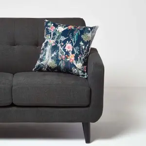 Homescapes Floral Peacock Black & Teal Filled Velvet Cushion 46 x 46 cm