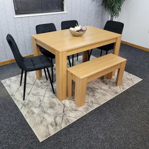 Dining Table and 4 Chairs With Bench Oak Effect Wood 4 Black Velvet  Chairs Dining Room