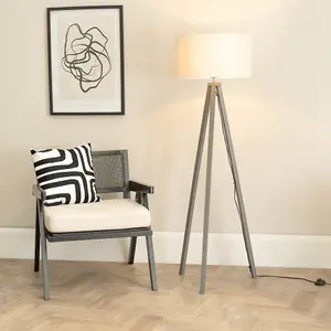 ValueLights Barbro Grey Wood Tripod Floor Lamp with Natural Linen with White Trim Drum Shade and LED Bulb