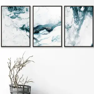 Set of 3 Teal Blue Abstract Ocean Waves Wall Art Prints / 30x42cm (A3) / Black Frame