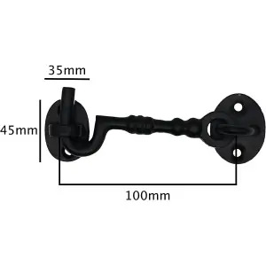 EAI Cabin Hook Iron Strong Hold Back Gate or Door Hook Barrel Style Cast Iron - 100mm - Black