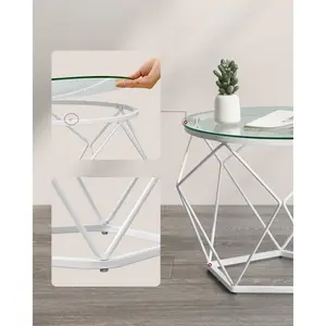 Alieya Round Coffee Tables, Set Of 2 Side Tables, Modern Style, Removable Tabletop, Steel Frame, For Living Room,Transparent-Cloud White