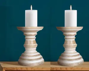 SET OF 2 Rustic Antique Carved Wooden Pillar Church Candle Holder, Natural,Medium 19cm