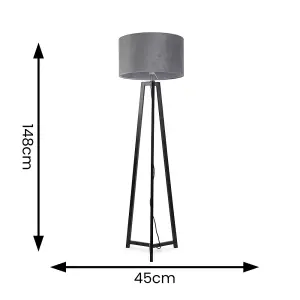 ValueLights Lottie Black Wood Tripod Floor Lamp with Grey Velvet Drum Shade - LED Bulb Included