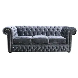 Chesterfield Crystal 3 Seater Sofa Modena Anthracite Black Velvet Fabric In Classic Style