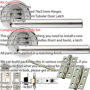 Door Handle & Latch Pack - Satin Chrome - Thin Slim Straight Bar Lever On Round Rose