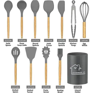 Kitchen Utensil Set Silicone Cooking Utensils Heat Resistant Nonstick Kitchen Tools With Hooks, Silicone Kitchen Gadgets With Wooden Handle, Turner Tongs Spatula Spoon Cooking Tools Grey