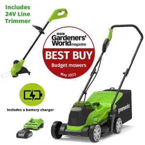 Greenworks Tools 24V 33cm Cordless Lawnmower & 25cm Line Trimmer With 2ah Battery & Charger GD24LM33LT25K2