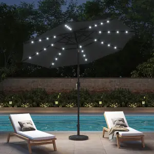 3-Tier Dark Grey Umbrella with Solar Lights and Concrete-Filled Patio Umbrella Stand