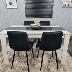 Dining Table Set Of 4 Wooden White Black Table Tufted Velvet Black Chairs