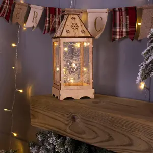 Pre-Lit Wooden Christmas Lantern with Snowflake Cut-Out & LED String Lights - Standing or Hanging Festive Decoration