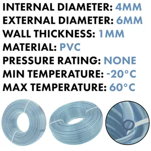 clear flexible pvc pipe/tubing 4mm internal-6mm external suitable for airline water gas oil aquariums and aquatic use