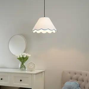 ValueLights Florie Large Easy Fit Natural Linen Tapered Light Shade with Blue Scallop Trim - LED Bulb Included