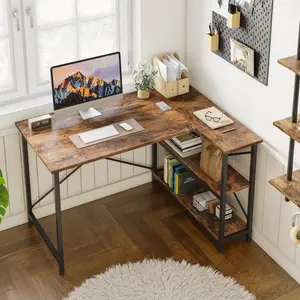 L-Shaped Desk (120 or 140cm x 90cm) Corner Desk with Adjustable Shelves by Aliff Rustic Brown / 74cm H x 120cm W x 90cm D