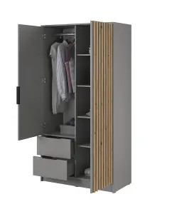 Nelly Contemporary Hinged 2 Door Wardrobe Grey 2 Drawers 4 Shelves 1 Hanging Rail Lamela Decor (H)2000mm (W)1050mm (D)510mm