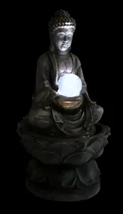 Primrose Buddha and Crystal Ball Water Feature Fountain with LED Lights Indoor Outdoor Use H66cm