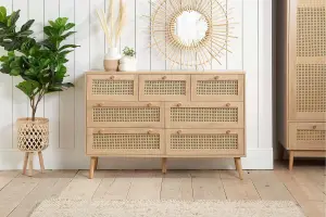 Brown Oak Chest of 7 Drawers Rattan Mid Century Modern