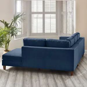 Furniturebox UK Chaise Sofa - 'Foster' L-shaped Navy Velvet Sofa - Chaise Longue Chaise Lounge - Left Hand Bias - 3 to 4 Seater