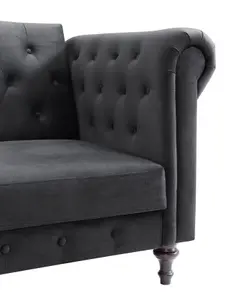 Calgary Velvet Sofa Bed Chesterfield Style 3 Seater Sofa Button Design, Dark Grey