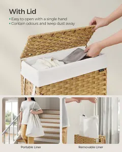 SONGMICS Slim Laundry Basket, Synthetic Rattan Storage Basket with Lid and Handles, Wicker, Goose Yellow