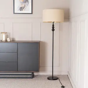 ValueLights Marissa Matt Black Stacked Ball Floor Lamp with Beige/Gold Shade