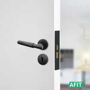 AFIT Matt Black Key Lock Knurled Door Handle Set Round Sash Lock (64mm), Hinges (76mm) & 2 Escutcheons - Dixon Range